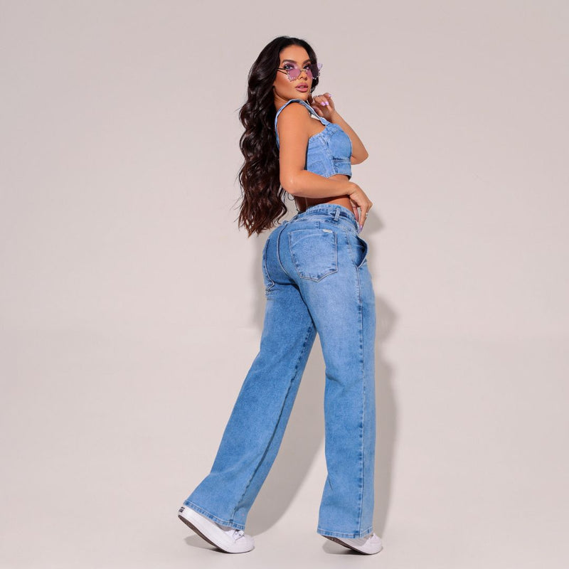 Calça Jeans Modeladora Wide Leg Com Elastano e Cinto