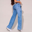 Calça Jeans Modeladora Wide Leg Com Elastano e Cinto