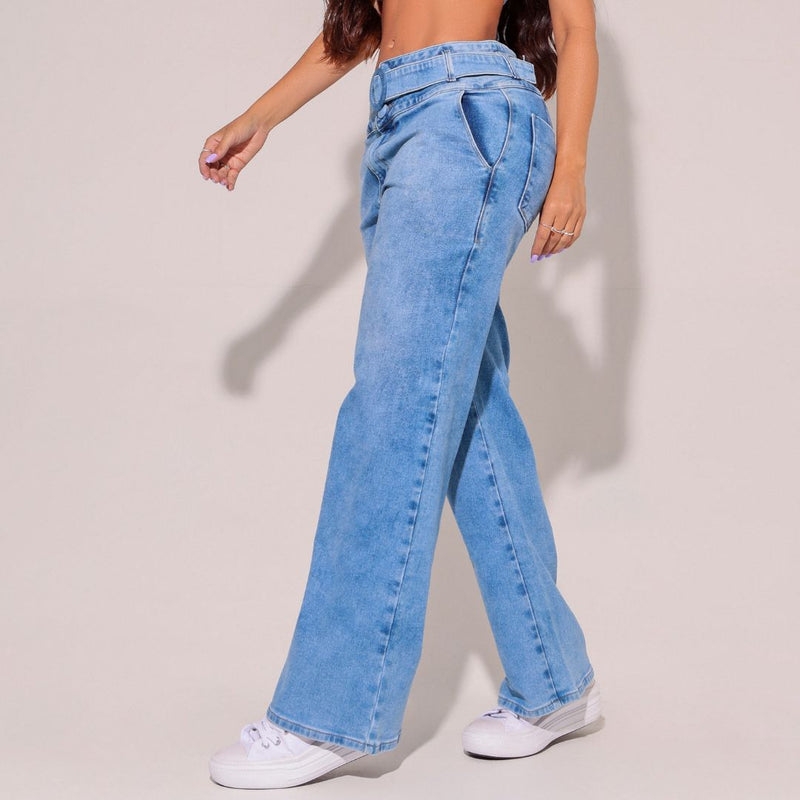 Calça Jeans Modeladora Wide Leg Com Elastano e Cinto