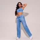 Calça Jeans Modeladora Wide Leg Com Elastano e Cinto