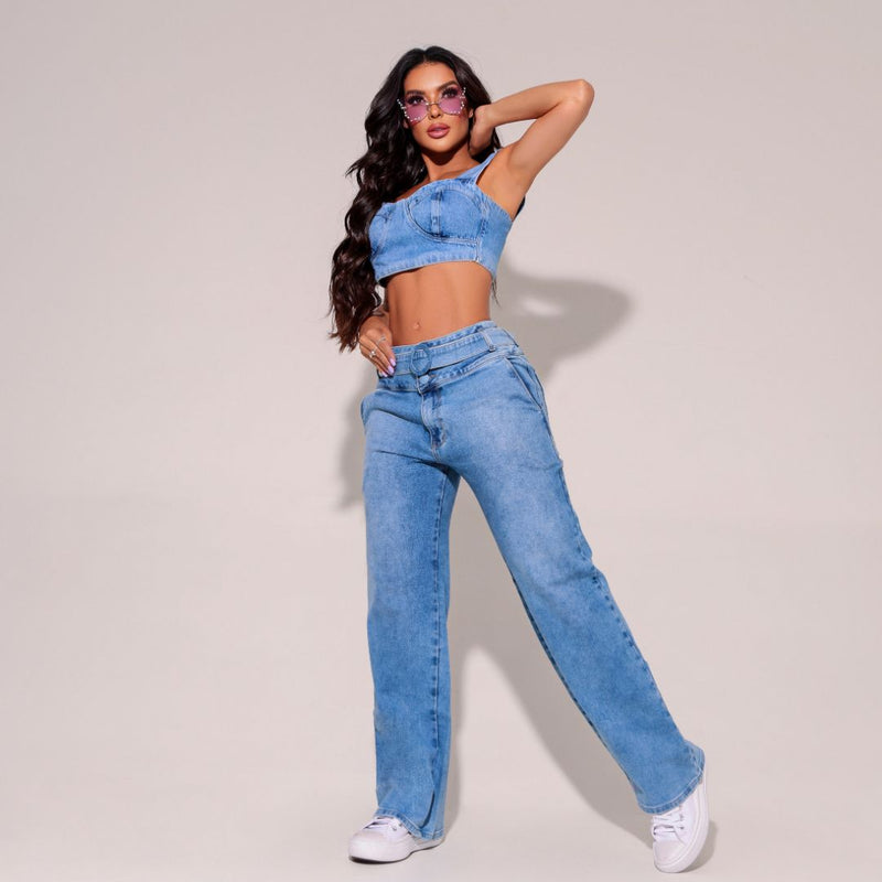 Calça Jeans Modeladora Wide Leg Com Elastano e Cinto